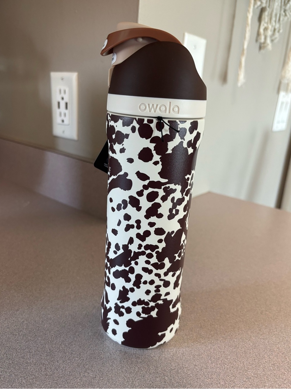Owala Free Sip Cow Print Brown, Cream and Tan Stainless Water Bottle Brand new!